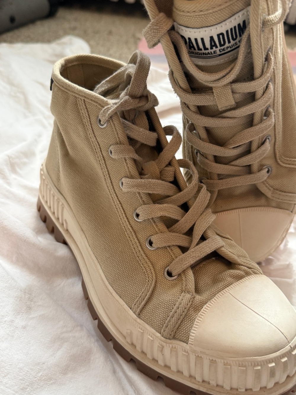 Palladium High-Top Canvas Sneakers in Beige and White chunky soles